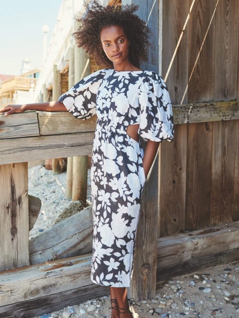 Cara Cara Dress Andrea Linen Midi Cutout Puff Sleeve in Black White Floral